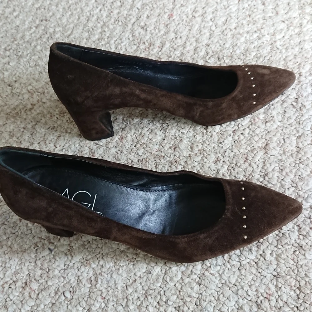 AGL Brown Suede leather Pumps with decorative gold studs size 7.5